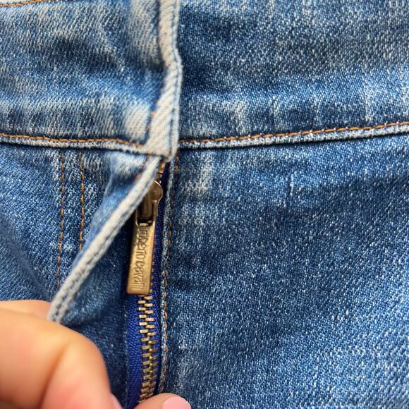 Vintage Roberto Cavalli Y2K Micro Mini Jean Denim Skirt Rhinestone Large - Picture 7 of 12